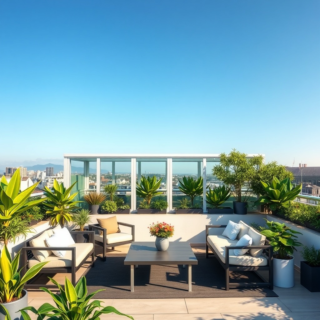 A photorealistic photo of a rooftop garden with Ekom Cam Balkon glass panels