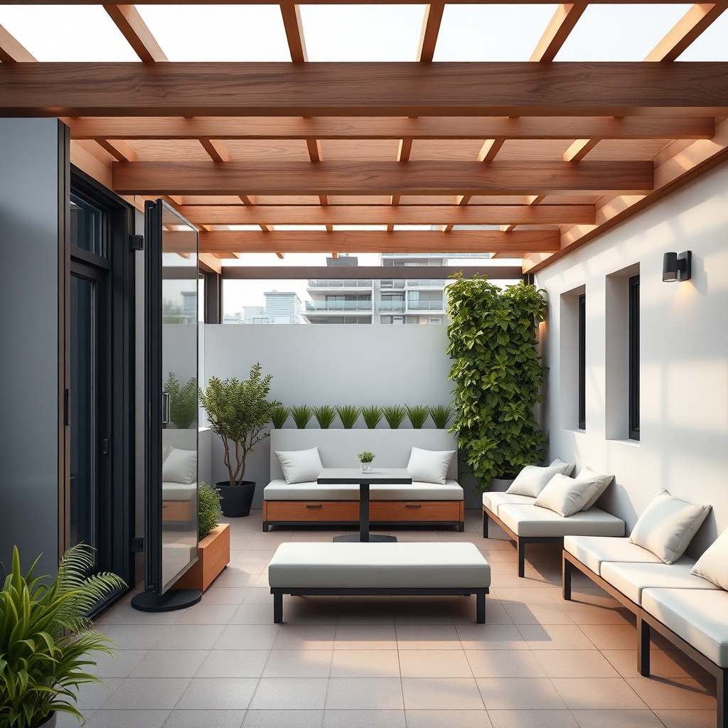 A photorealistic photo of a well-lit rooftop garden with Ekom Cam Balkon panels partly ope