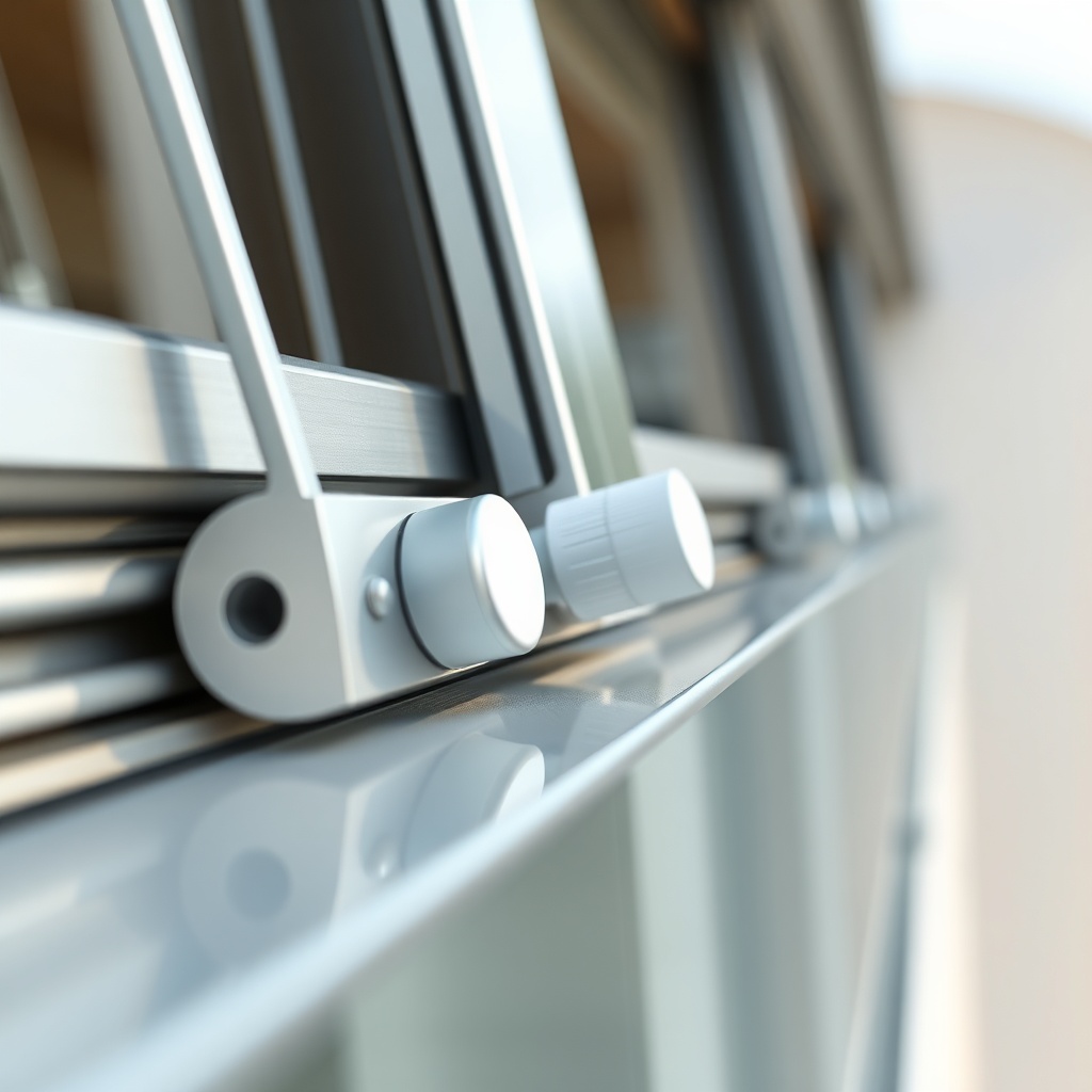 A close-up photorealistic photo of an Ekom balcony glazing system's sliding mechanism