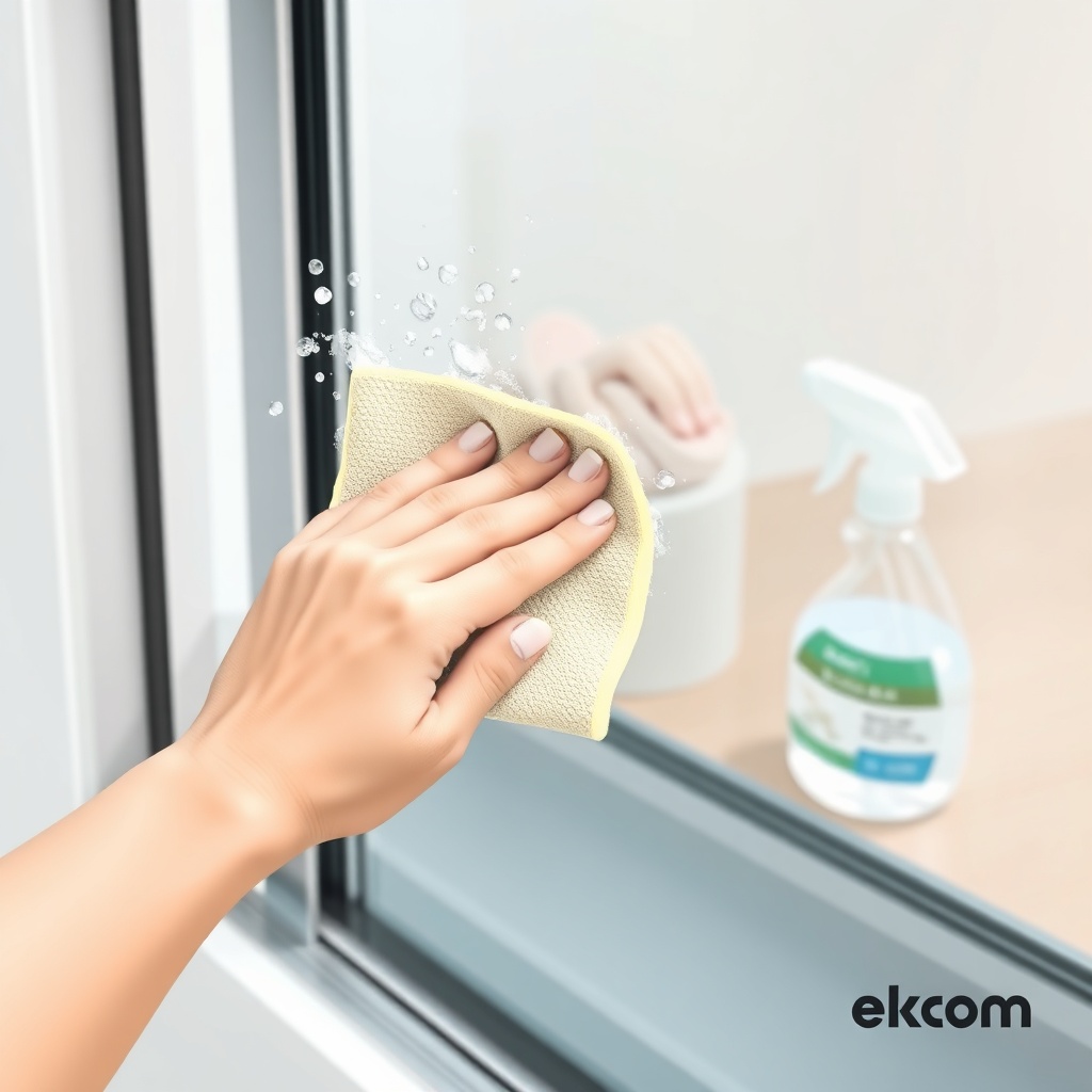 A photorealistic illustration of a hand using a microfiber cloth to clean an Ekom balcony