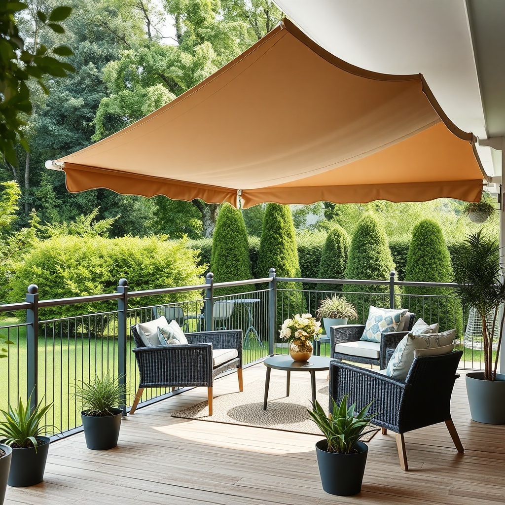 A photorealistic photo of a stylish Ekom cam balkon with a beige mechanised tente partiall