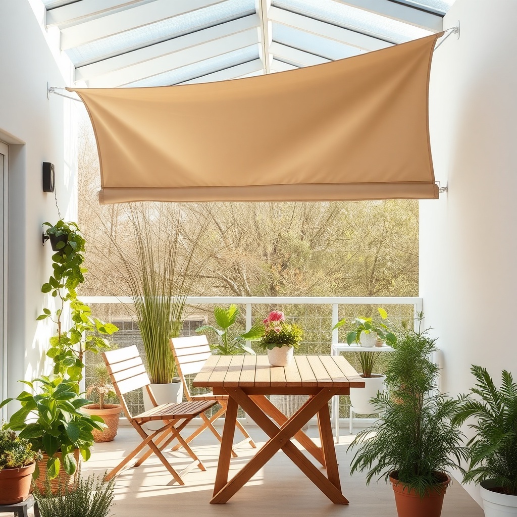 A photorealistic photo of an Ekom cam balkon converted into a winter garden
