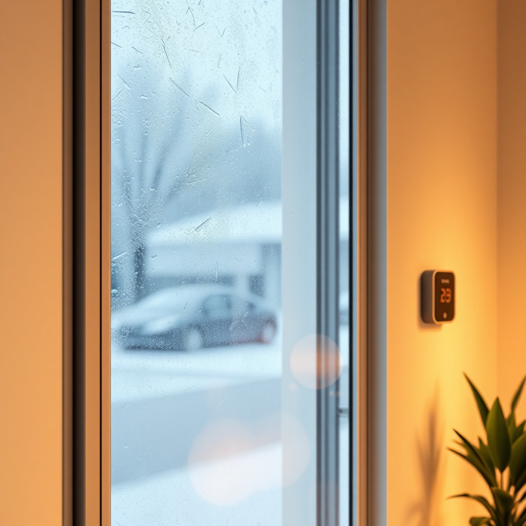 A photorealistic close-up shot of an Ekom cam balkon panel with double glazing and thermal