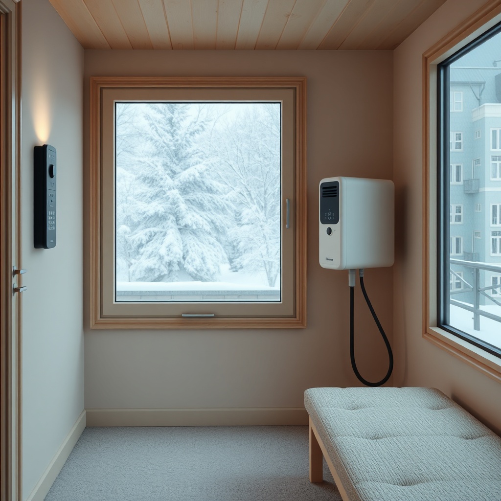A photorealistic interior view of an Ekom cam balkon with an electric heater mounted on th