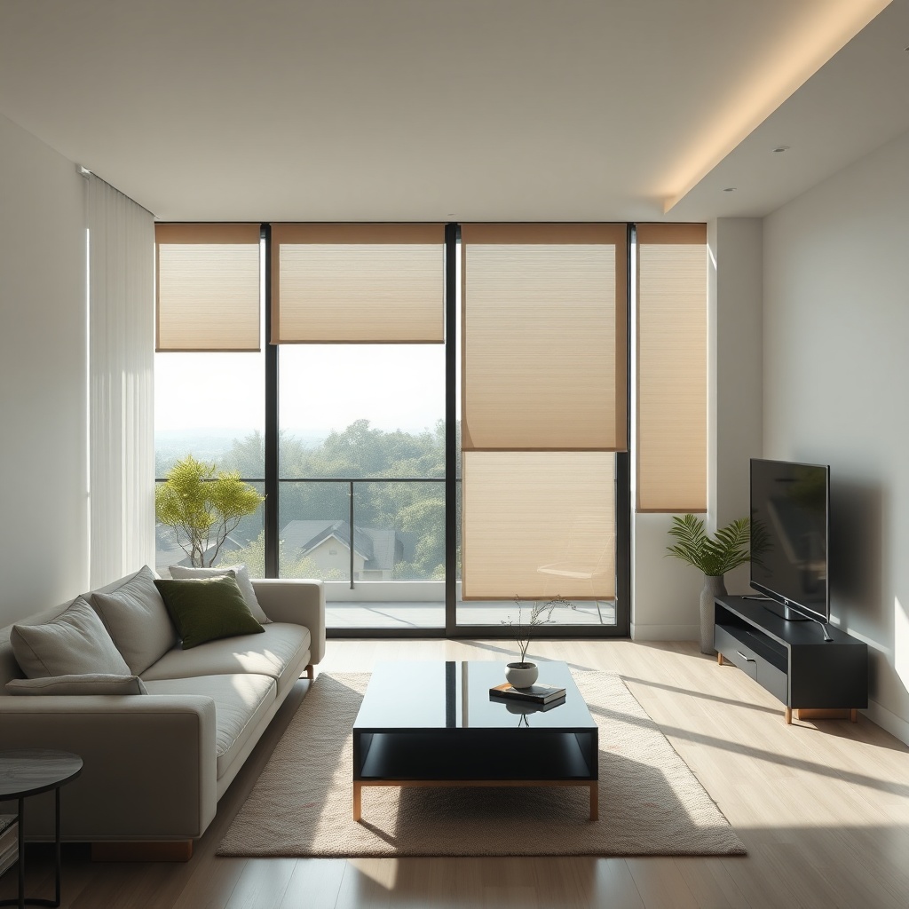 <clean photorealistic photo/illustration of a modern living room with a glass balcony