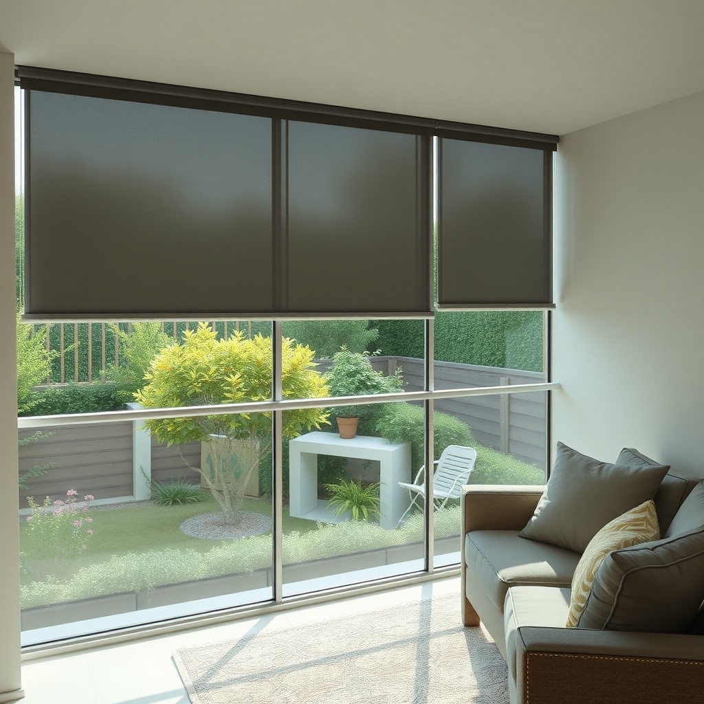 <clean photorealistic photo/illustration of a glass balcony with closed automatic blackout