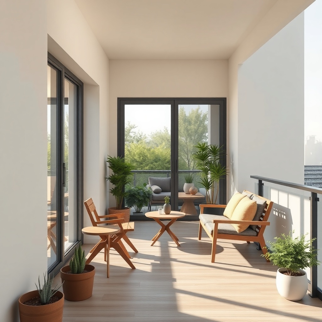 clean photorealistic photo of a modern balcony with Ekom cam balkon yan panel perdesi