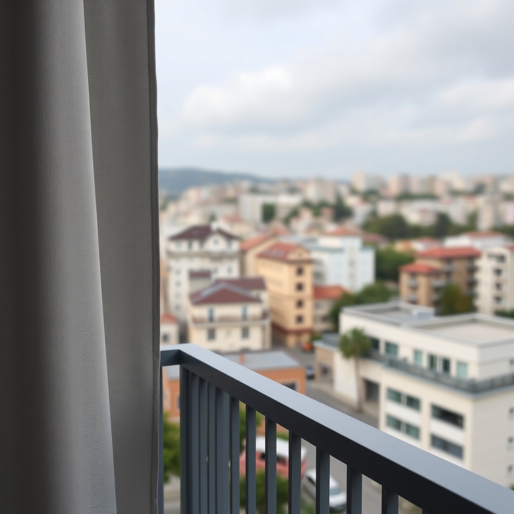 clean photorealistic photo of a balcony with Ekom yan panel perdesi closed