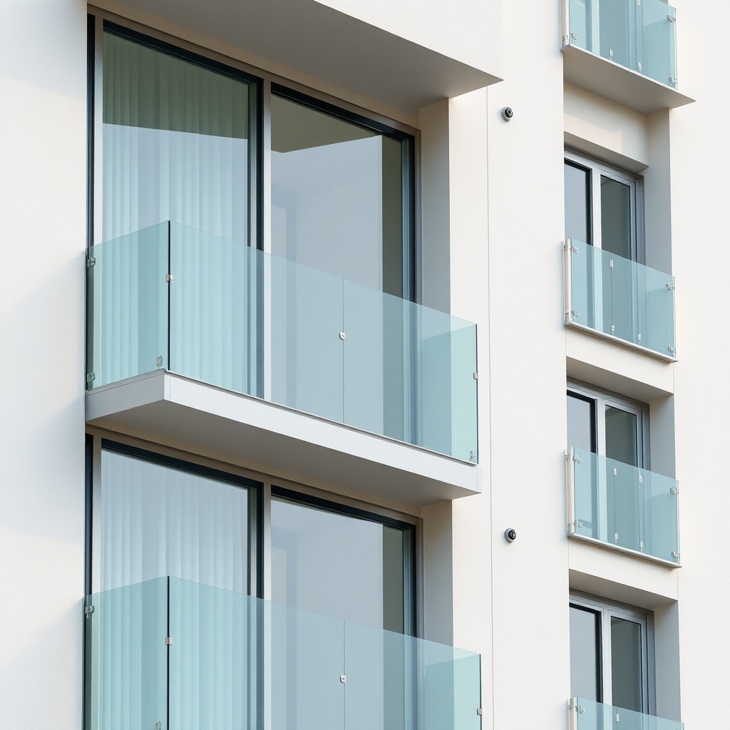 A photorealistic photo of a modern apartment building with Ekom brand glass balcony system