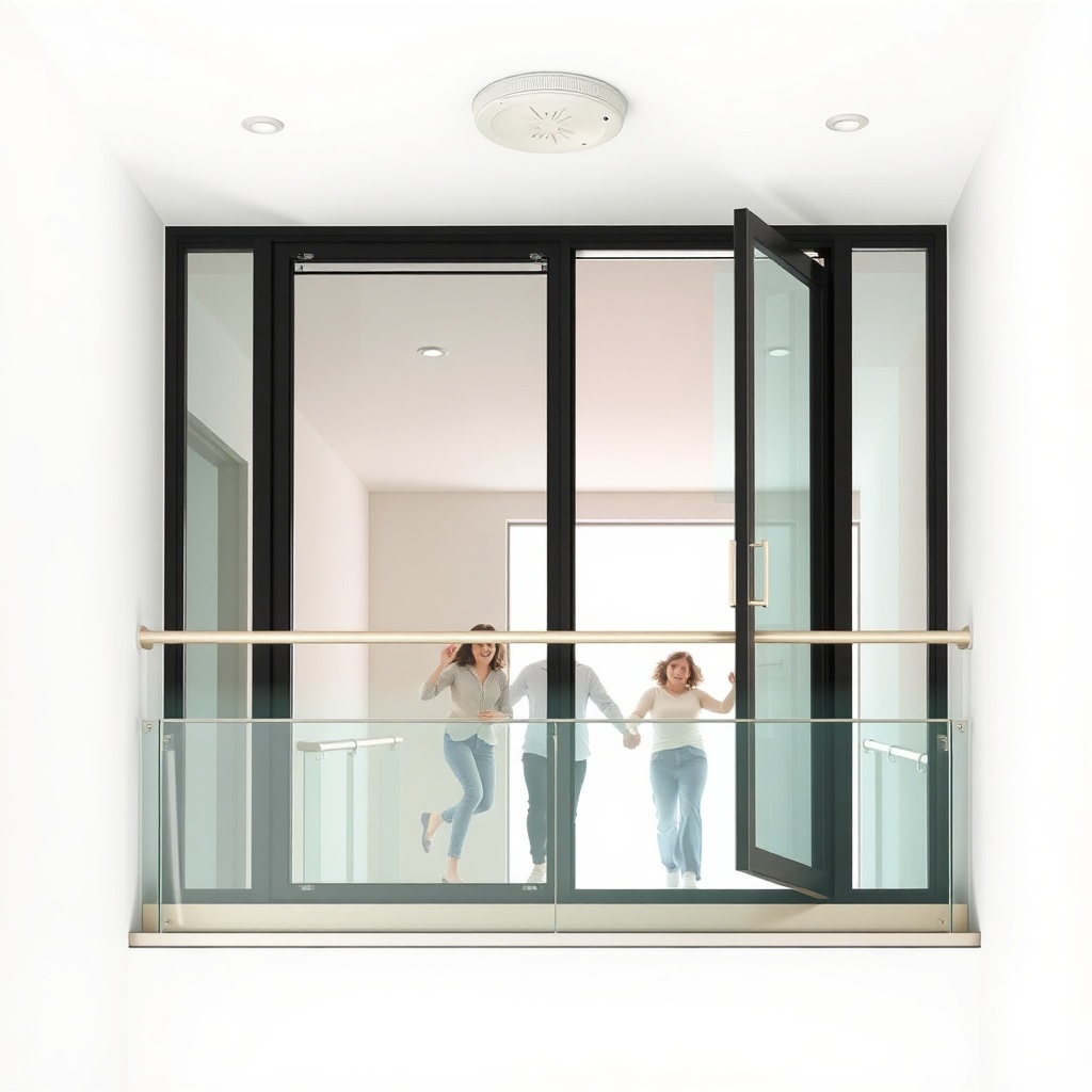 A clean photorealistic photo of a fire escape route involving a Ekom glass balcony