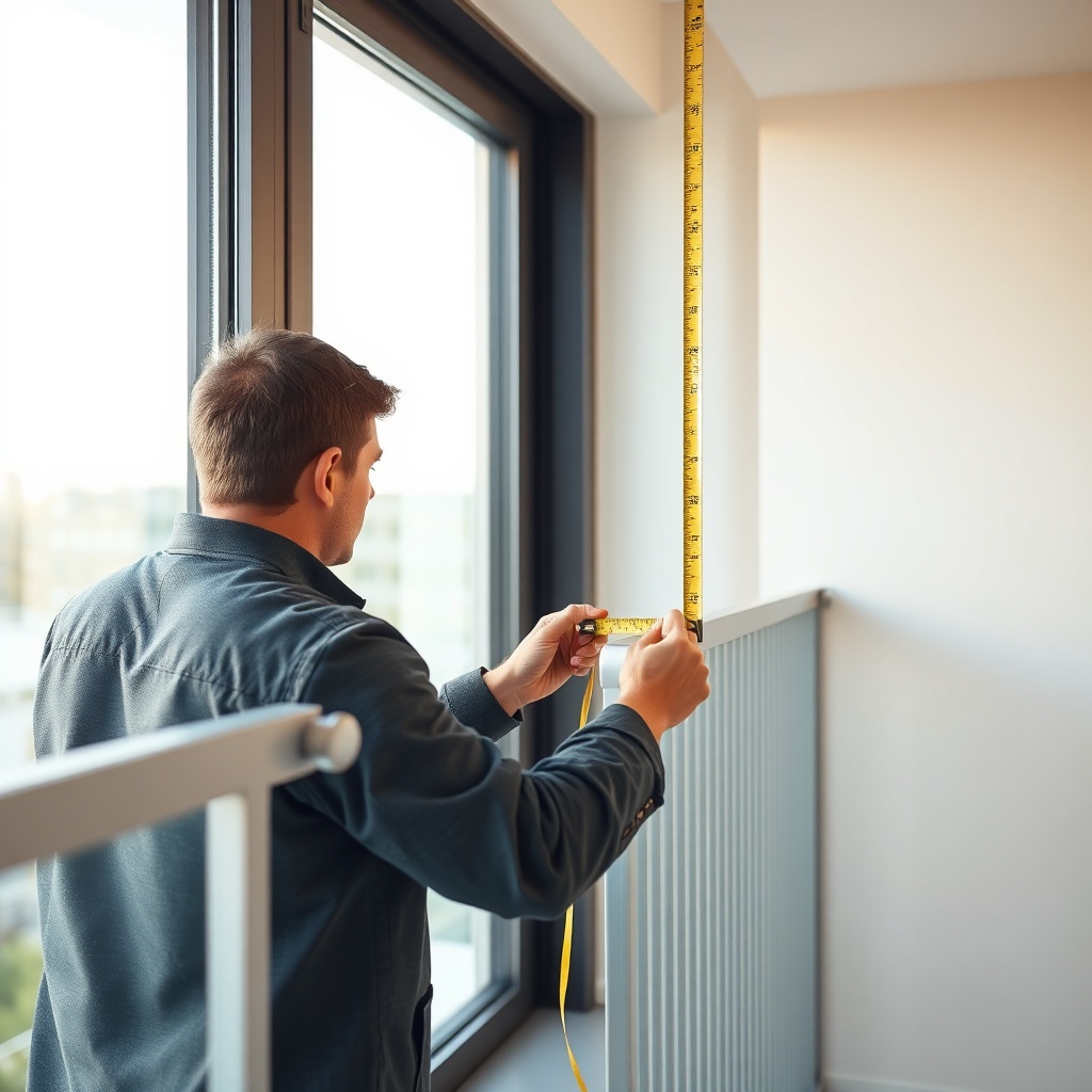 A photorealistic photo showing a person using a tape measure on a balcony aluminum profile
