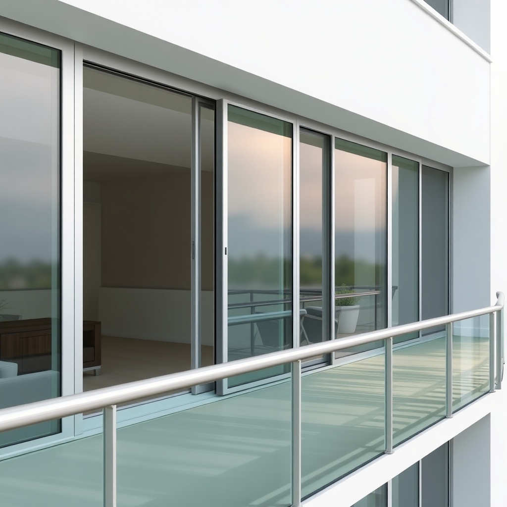 A photorealistic photo of a modern balcony with sliding glass panels installed