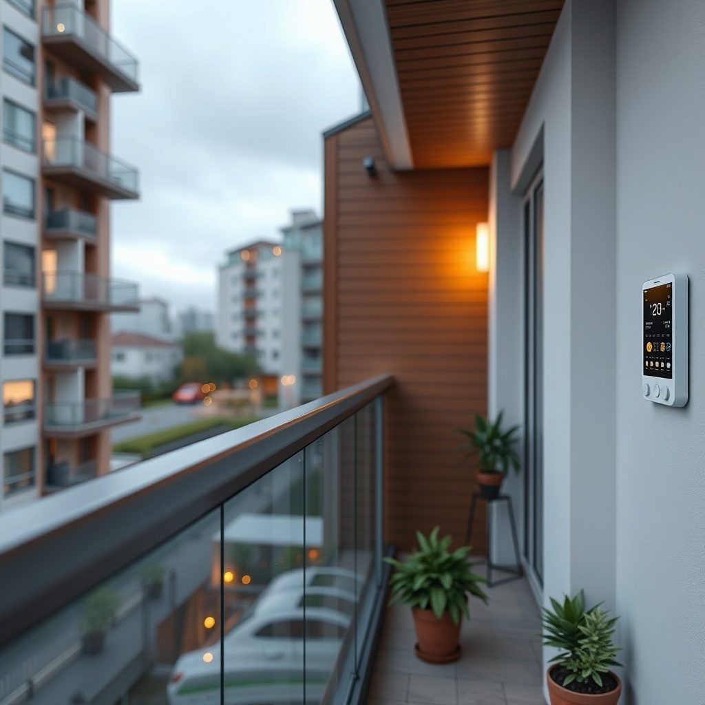 <clean photorealistic photo of a modern apartment balcony with sistem cam balkon integrate