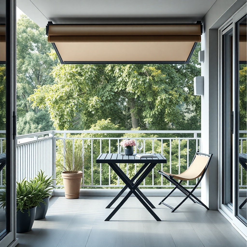 <clean photorealistic photo of a balcony with foldable table and sistem cam balkon open