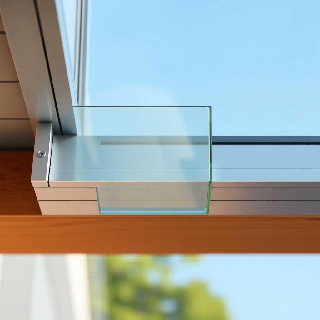 A photorealistic close-up shot of a premium coffreli sliding glass balcony system