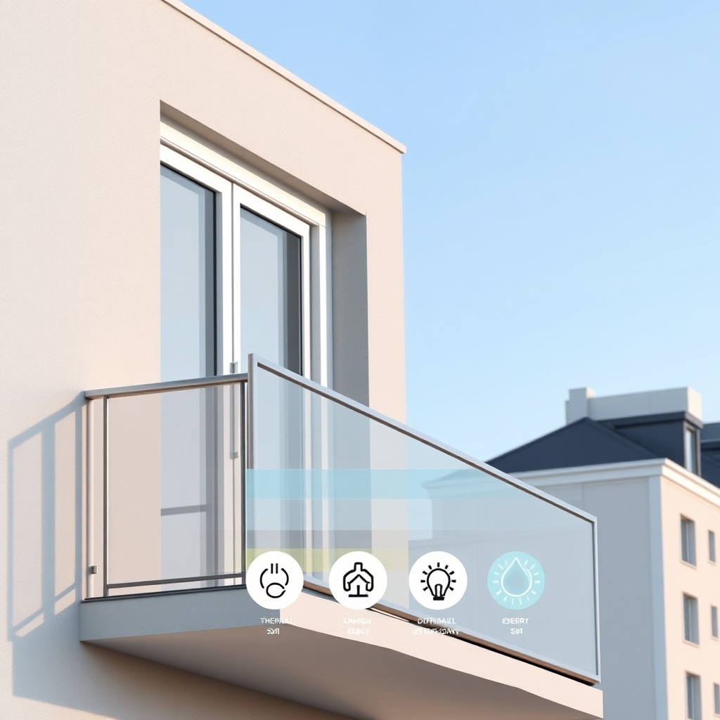 <clean photorealistic photo/illustration of a modern apartment balcony with closed sistem