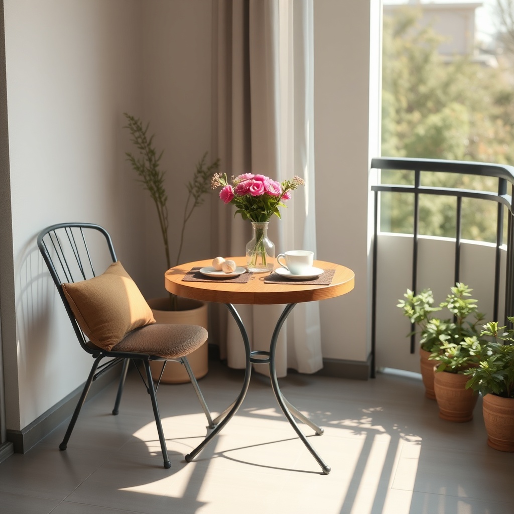 Realistic photo of a katlanır masa used as a breakfast table on a Sistem Cam Balkon