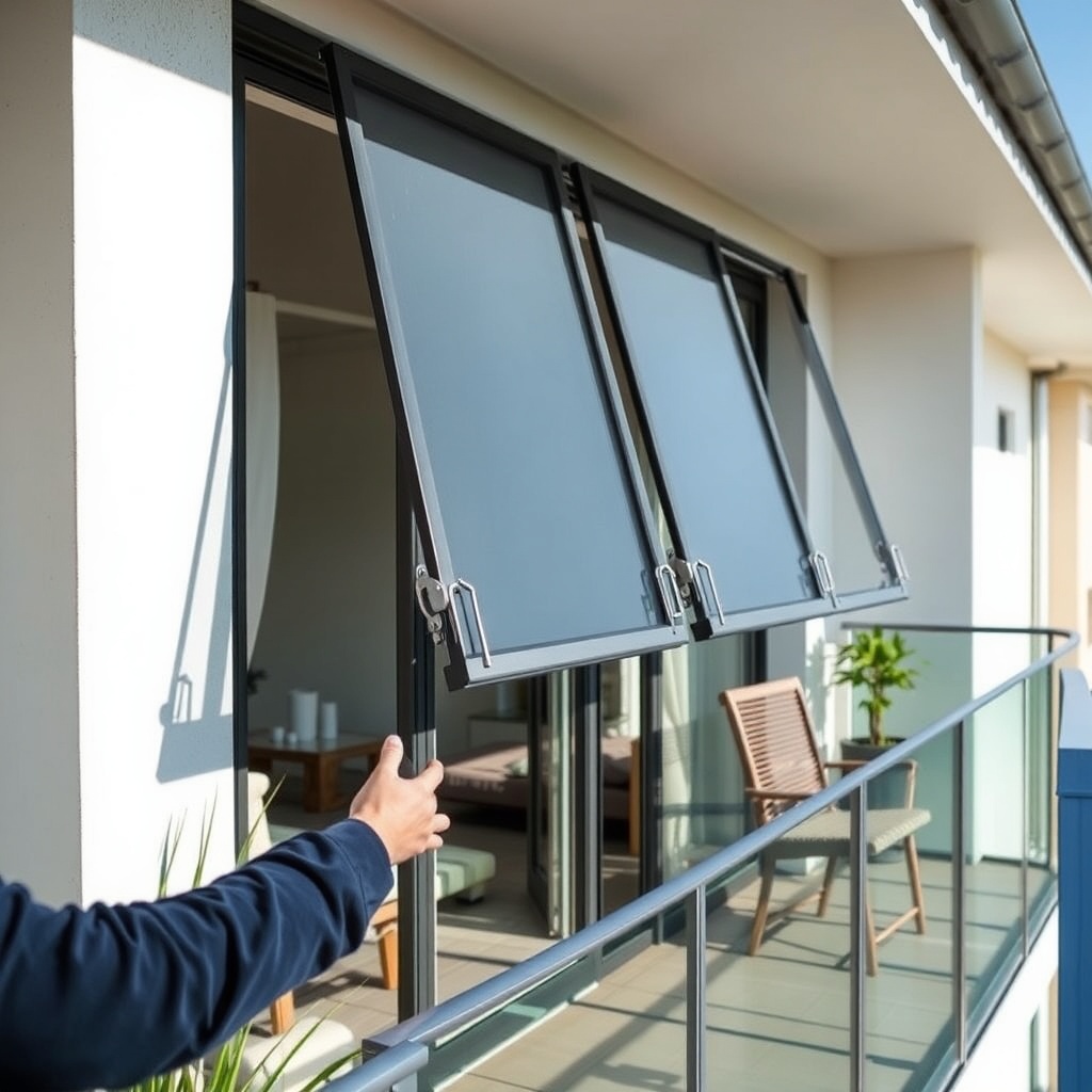 A photorealistic photo of a balcony with Sistem Cam Balkon küpe modeli installed