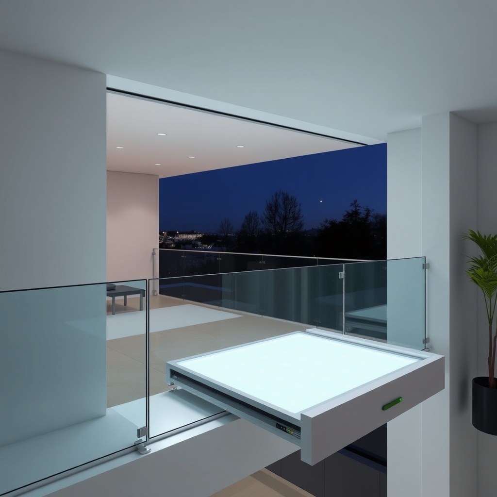 <clean photorealistic photo/illustration of a smart glass balcony with an integrated drawe