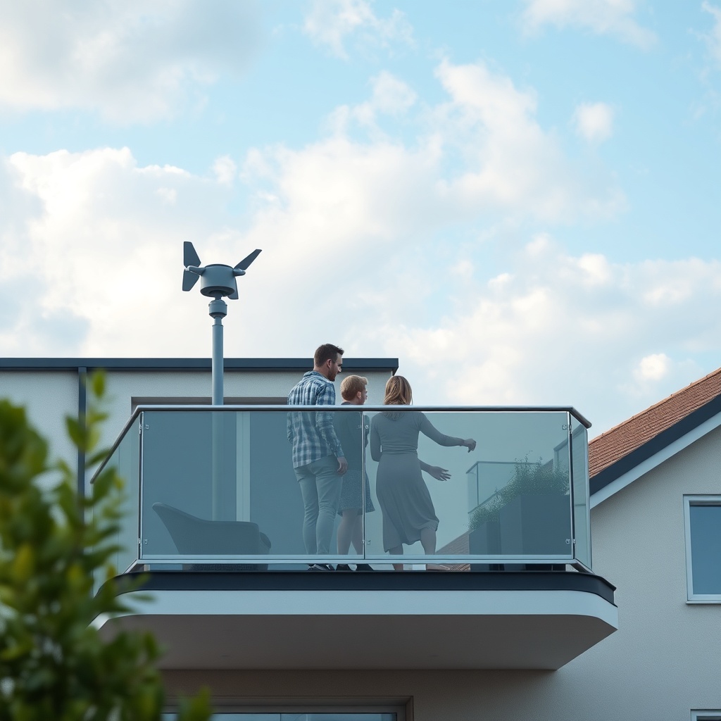 A photorealistic shot of a modern sistem cam balkon with an integrated wind sensor on the