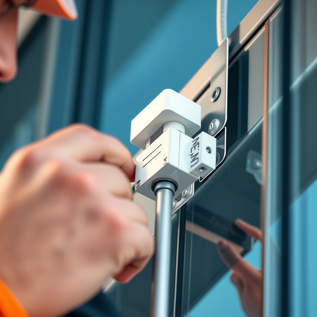 A photorealistic close-up of a sistem cam balkon wind sensor being installed on an aluminu