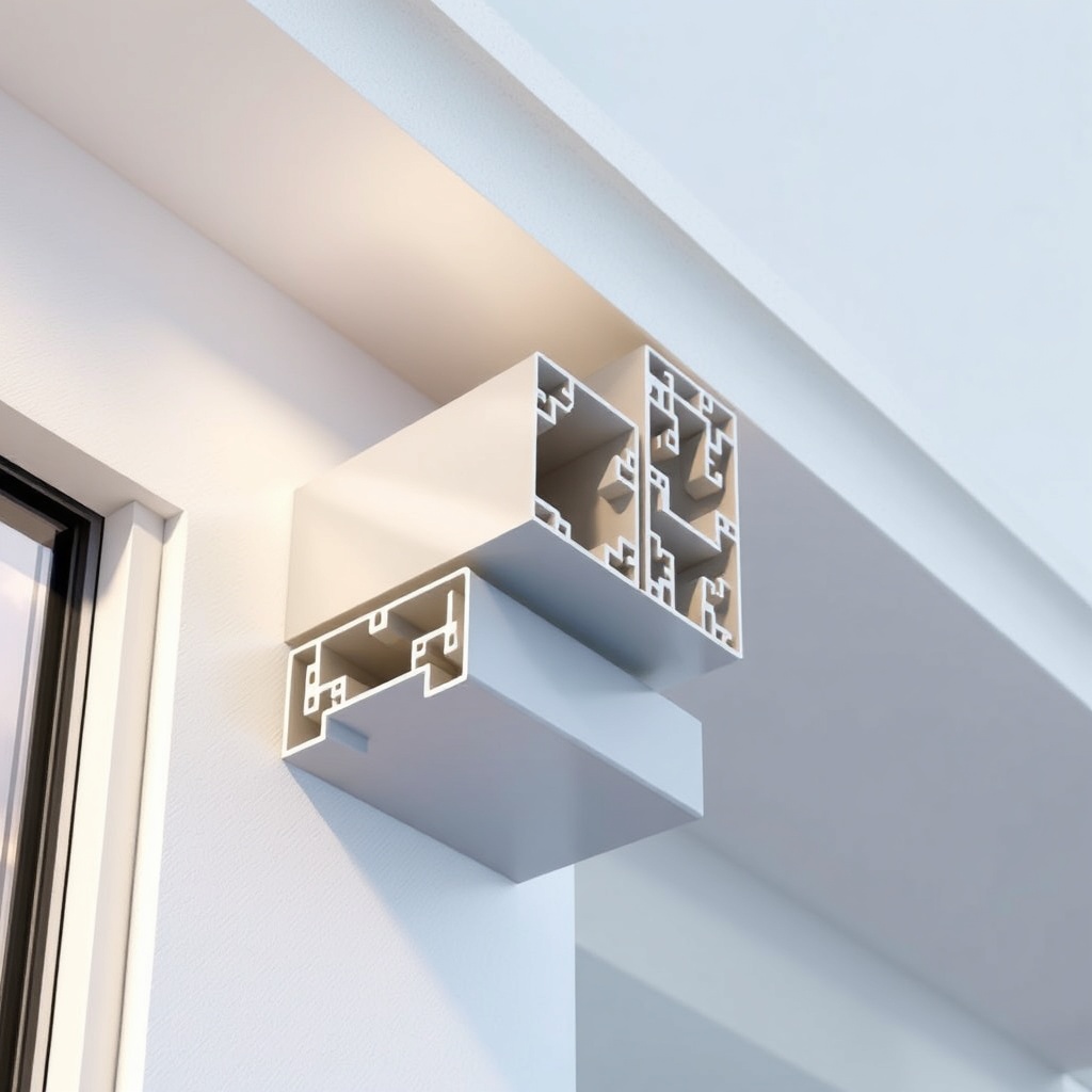 High quality architectural photograph showing cross-section of cam balkon profiles with al